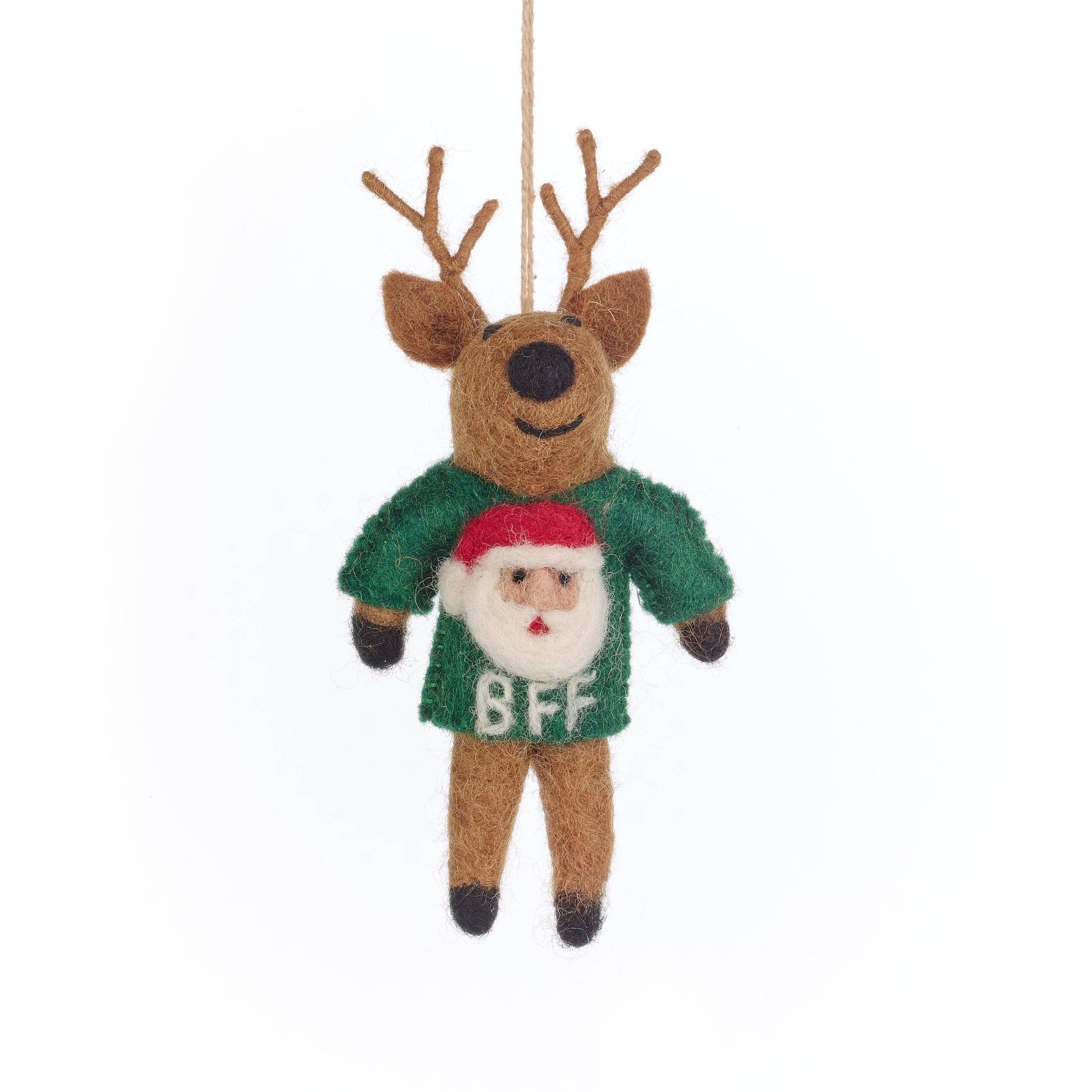Handmade felt BFF Reindeer hanging Christmas decoration by Felt So Good, sustainable wool with green jumper featuring Santa face and BFF sentiment, eco-friendly
