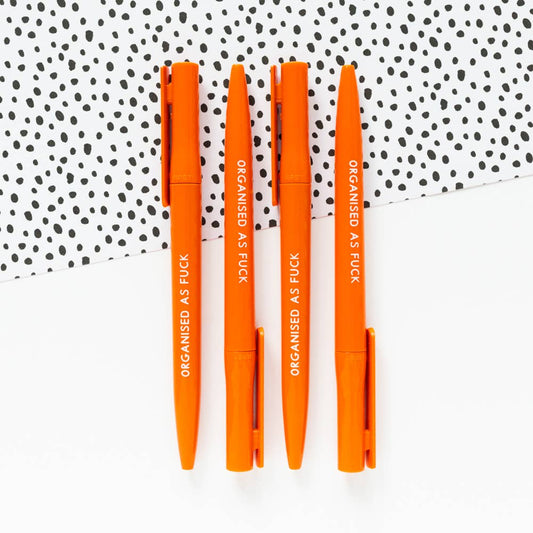 This bright orange eco friendly ballpoint pen reads Organised As Fuck (with smiley face on the opposite side!).&nbsp;

The pens are made from recycled water and soda bottles and feature a twist top with clip. If you like smooth writing, you'll love this!