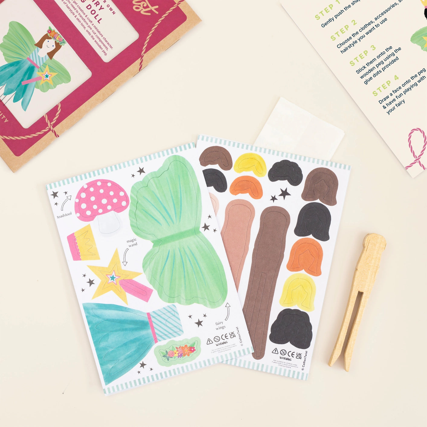 Cotton Twist Make Your Own Fairy Peg Doll sustainable crafting kit with dress, wings, and accessories
