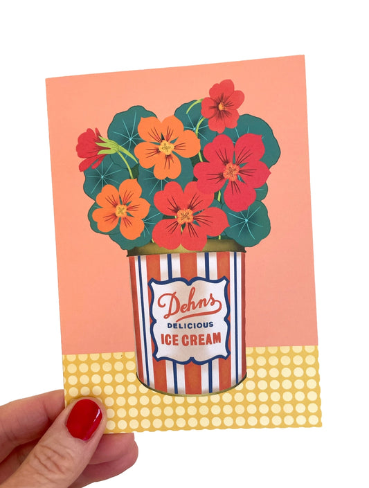 Card with a flower design on top of an ice cream container, by Su Owen. Made in the UK.