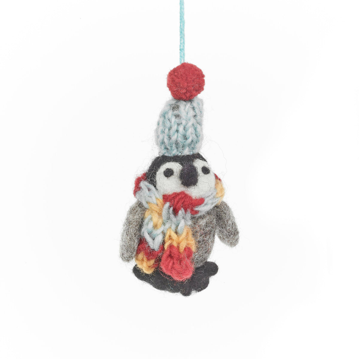 Handmade felt penguin hanging decoration detail