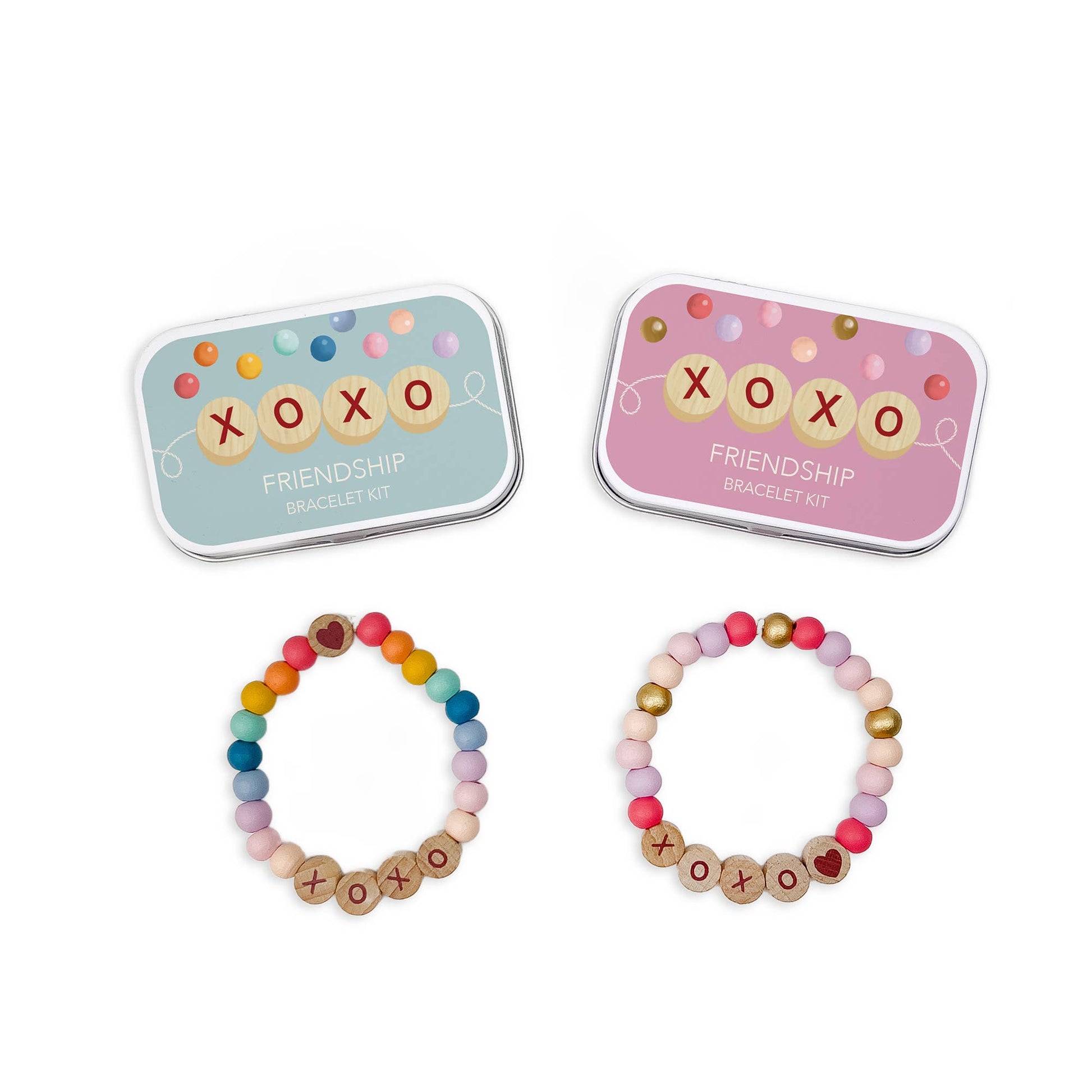 Cotton Twist Beaded XOXO Friendship Bracelet Gift Kit with wooden beads and elastic in tin