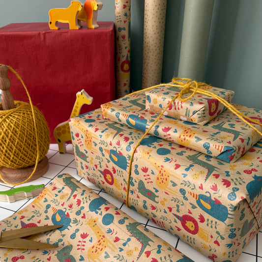 Animals Eco Friendly Gift Wrap, 5m roll, 500mm wide, recycled kraft paper with animal design, sustainable, recyclable children’s wrapping paper