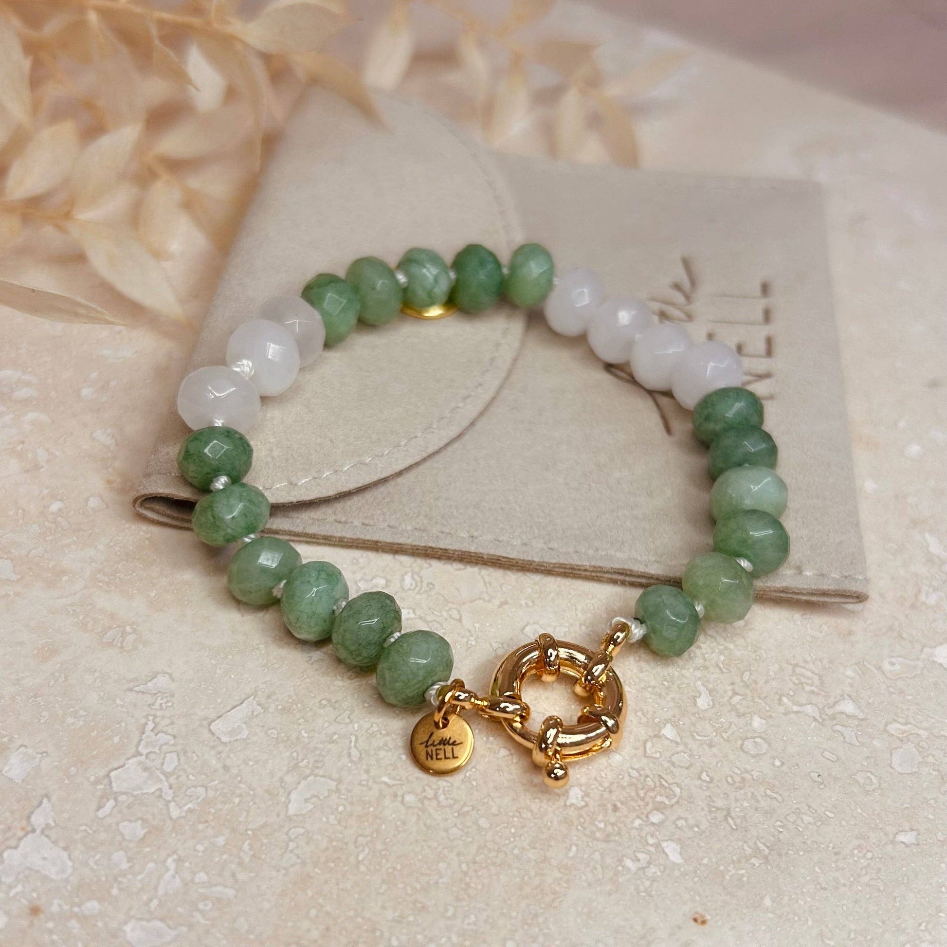 Little Nell chunky green beaded bracelet, 18k gold plated, handmade in the UK, 18cm.