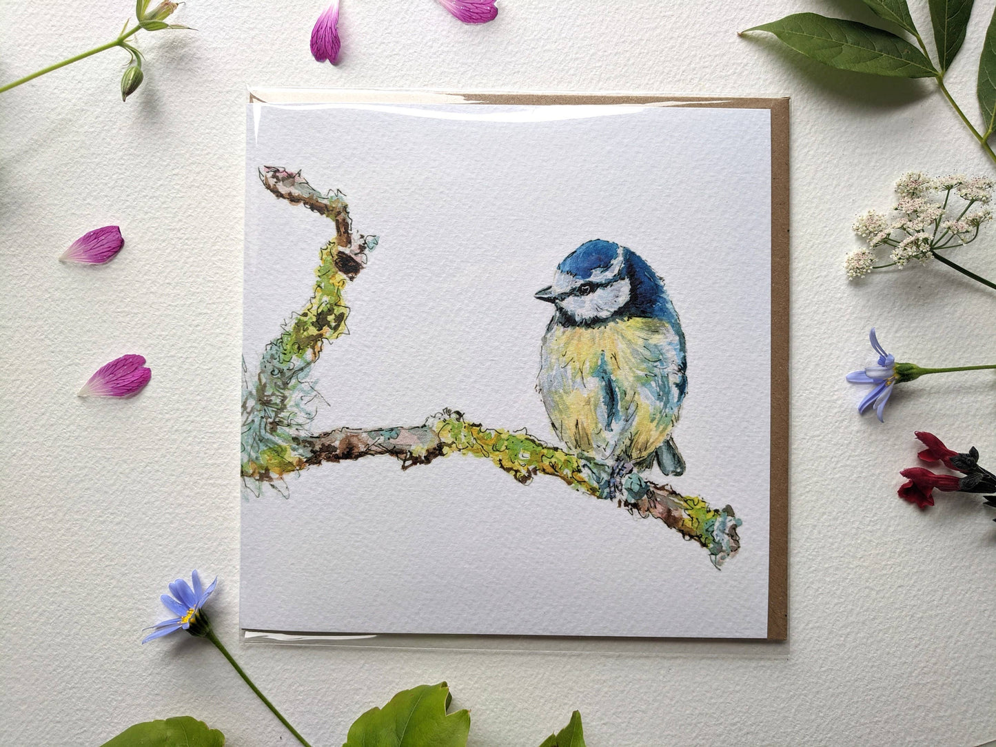 Blue tit greeting card with brown kraft envelope