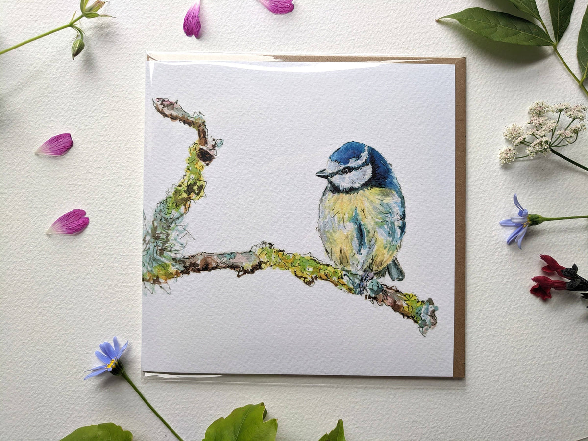 Blue tit greeting card with brown kraft envelope