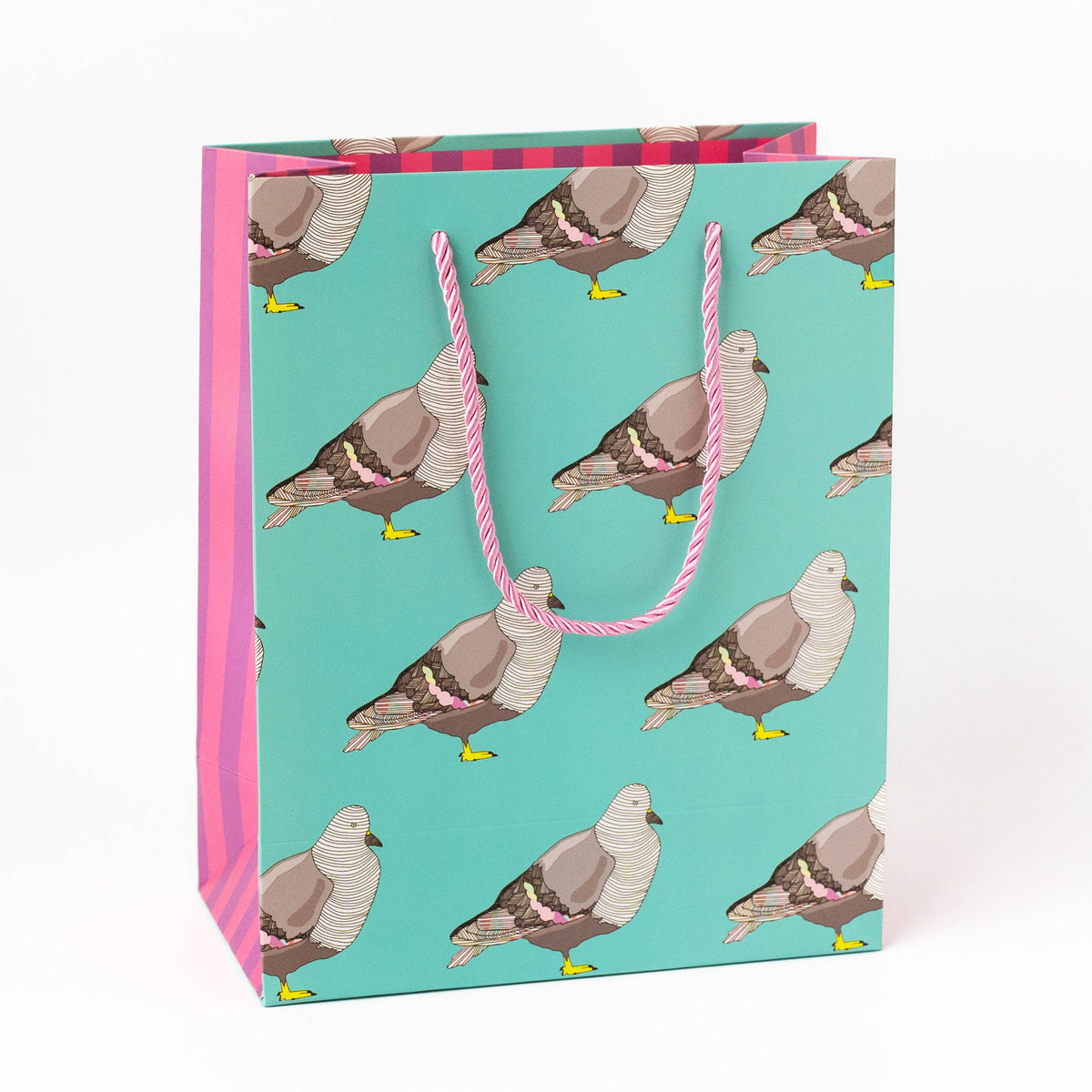 Quirky medium gift bag featuring hand-drawn pigeons on a turquoise background with pink striped sides