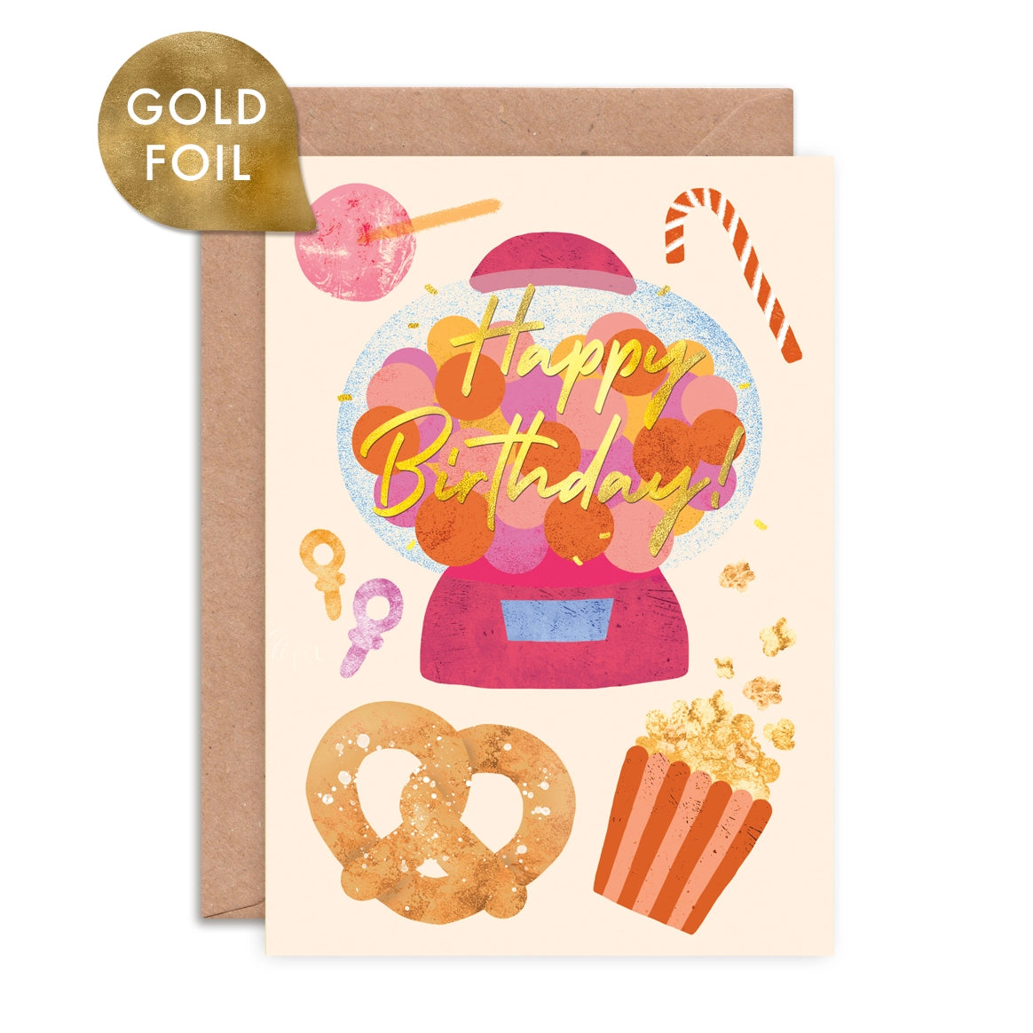 Birthday card with candy-themed illustrations by Emily Nash. Made in the UK.