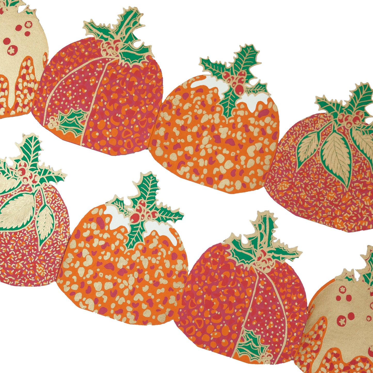 Hand-printed recycled paper Christmas Puddings Concertina Garland by East End Press, 3 metres long