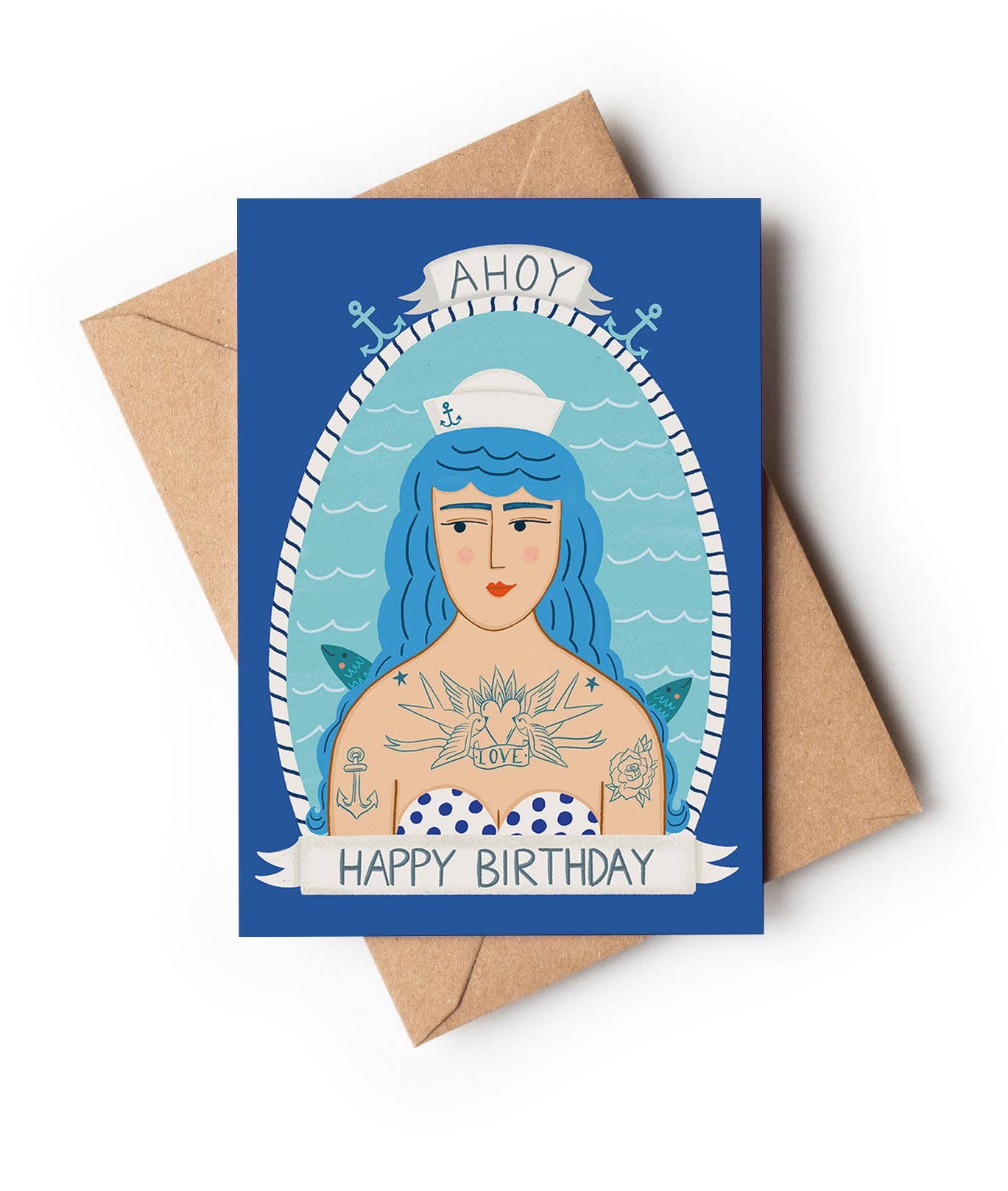 Ahoy Sailor Girl A6 Birthday Card featuring a vintage tattooed sailor girl illustration