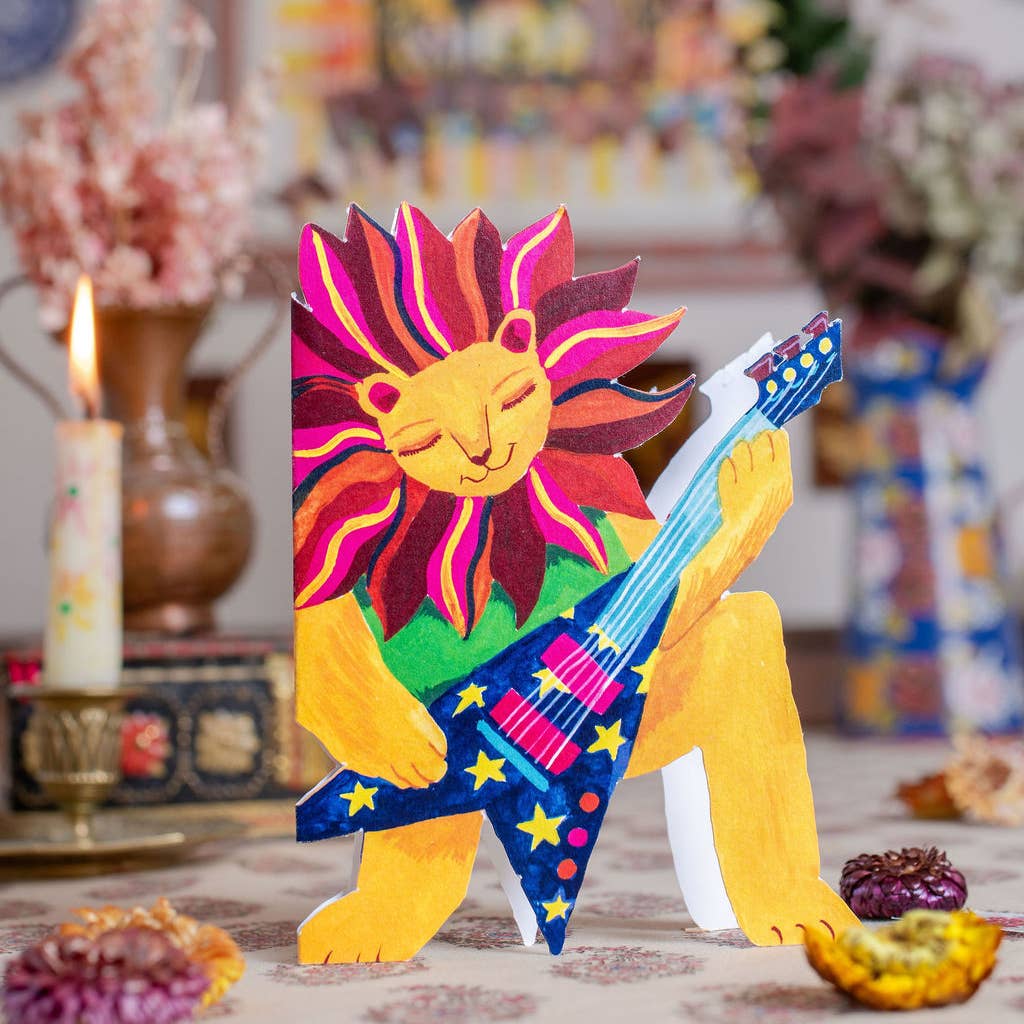 Back of the die-cut rocking lion card showing UK print details