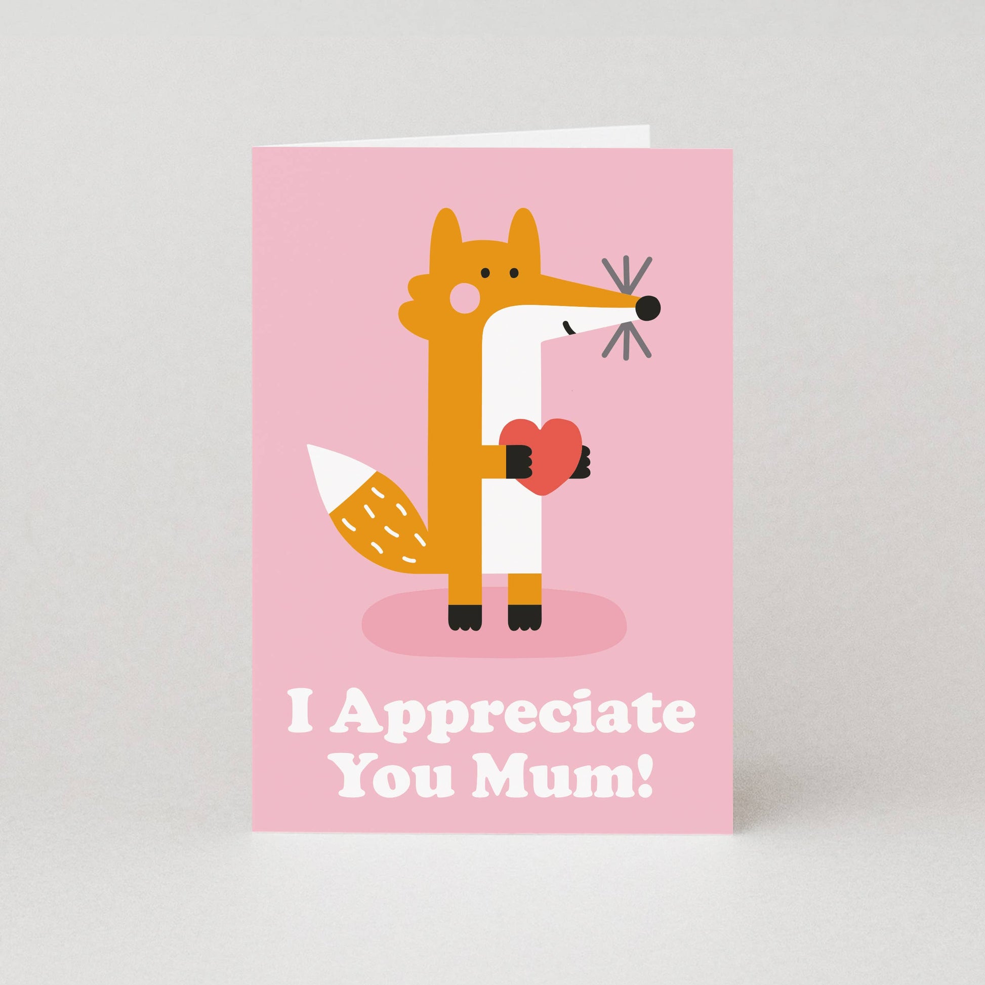 I Appreciate You Mum Card featuring a red fox holding a heart illustration