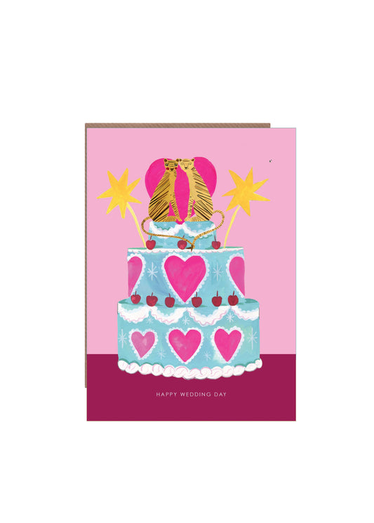Hand-illustrated 'Tiger Wedding Cake' wedding card, two tigers in love atop cake with hearts and cherries. 5x7”, recycled envelope, UK made, sustainable.