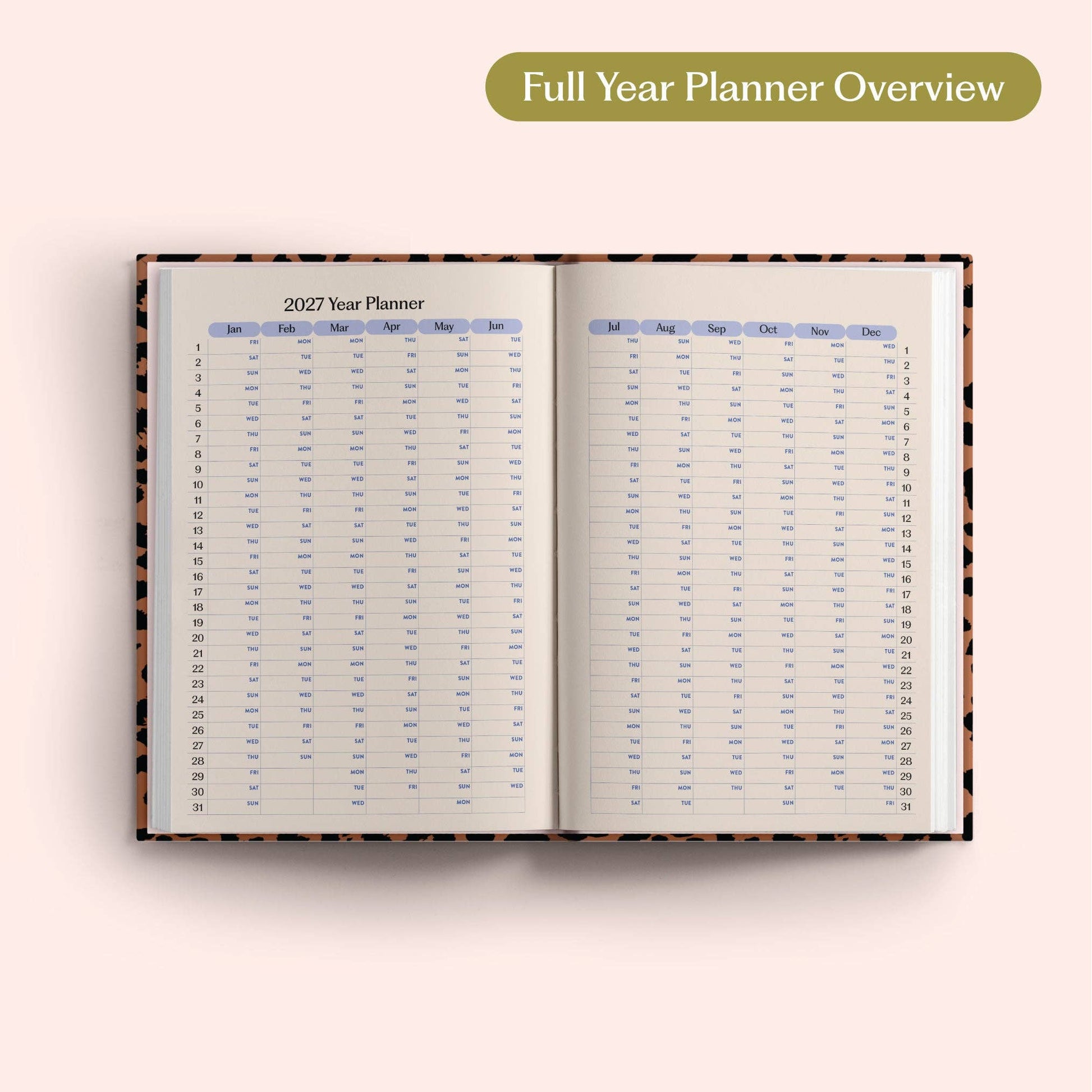 Lay flat binding of A5 Leopard Print 2027 Diary
