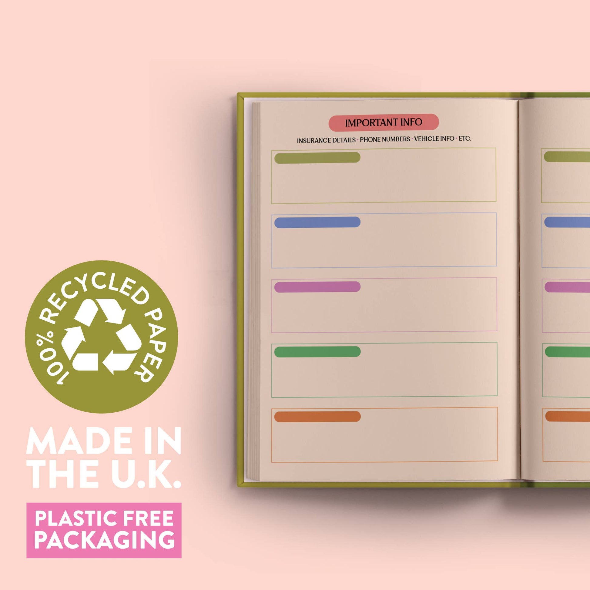 Open diary with labelled sections on a pink background, featuring a recycling logo and text about recycled paper and plastic-free packaging.