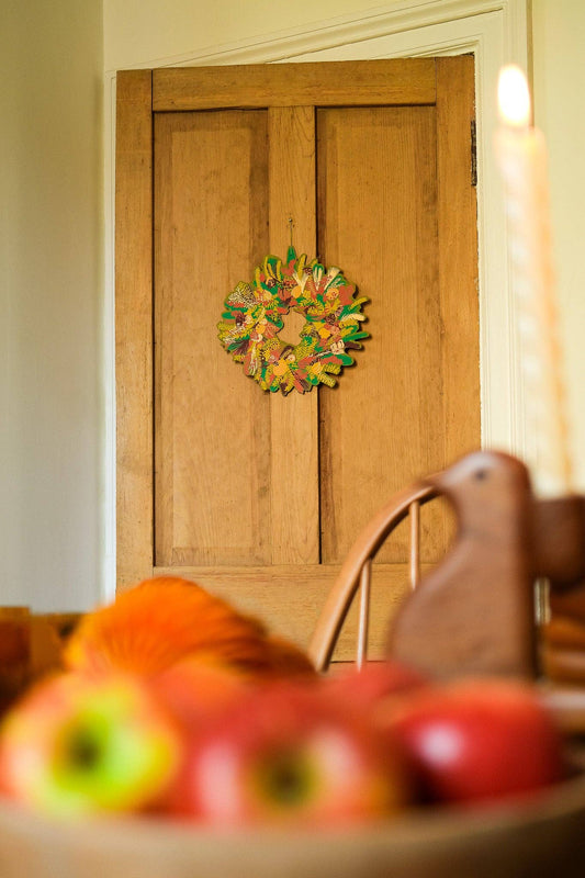 Close-up of hand-printed Winter Blooms pattern on sustainable cotton wreath.
