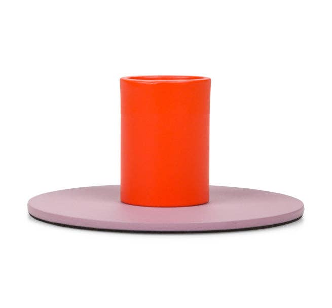 Small two-tone metal candleholder by British Colour Standard, painted mild steel with a glossy finish, 8cm diameter x 4cm height, boxed in kraft packaging.