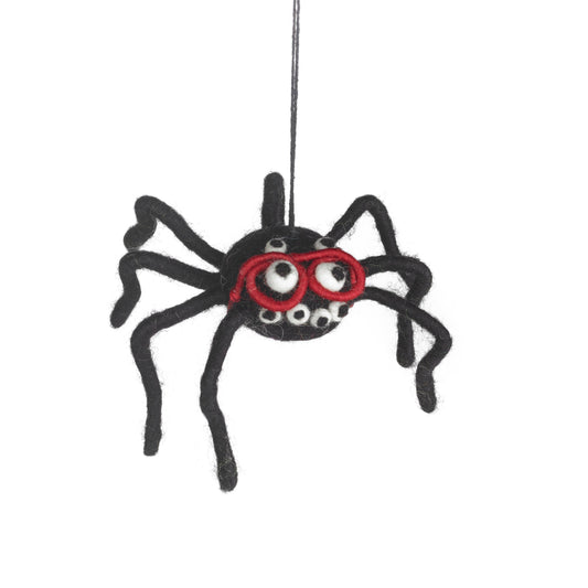 Handmade felt black spider Halloween decoration with red glasses, sustainable artisan-made and eco-friendly.