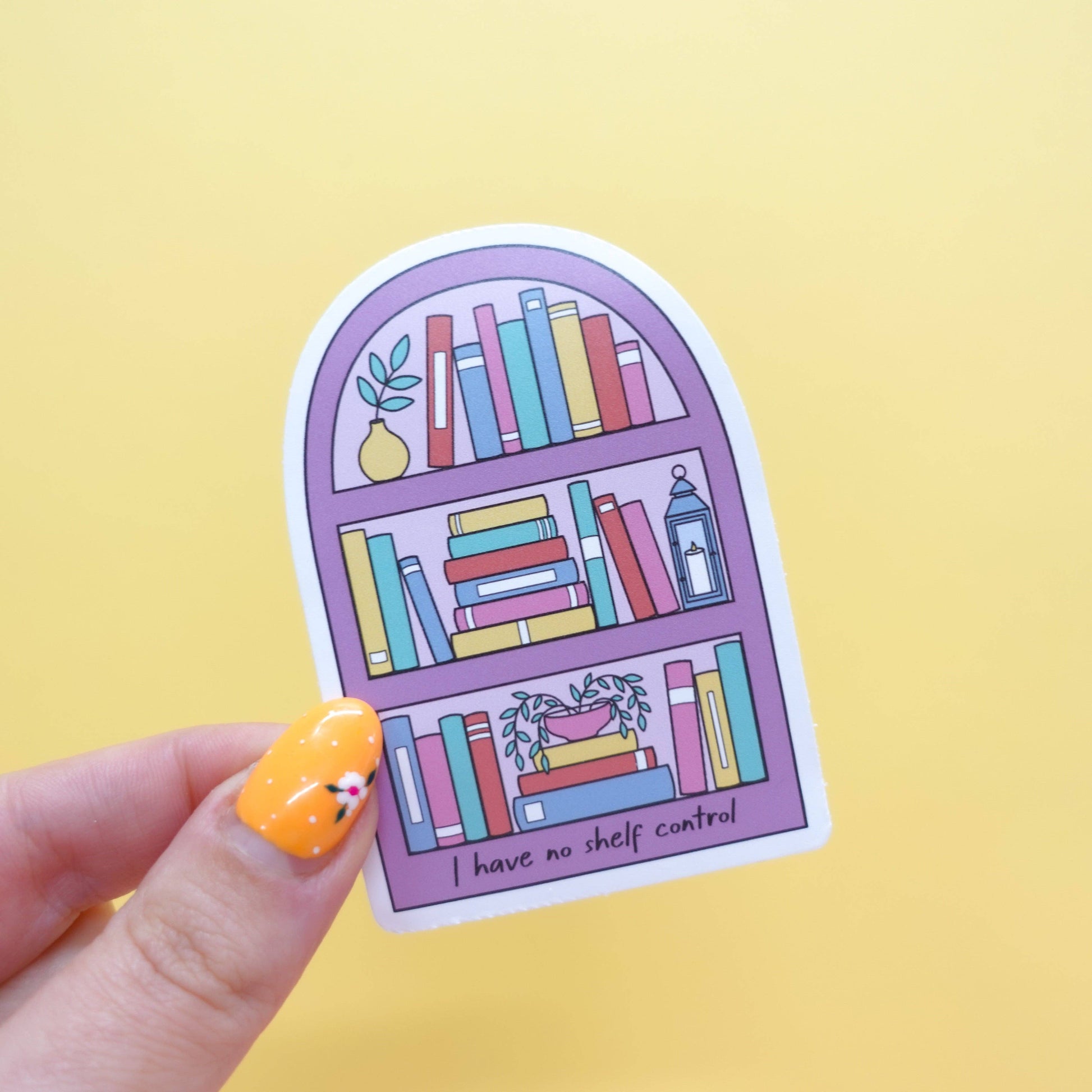Vibrant 'No Shelf Control' bookish sticker by Sunshine Lane, showcasing a colourful bookshelf design on durable waterproof vinyl.