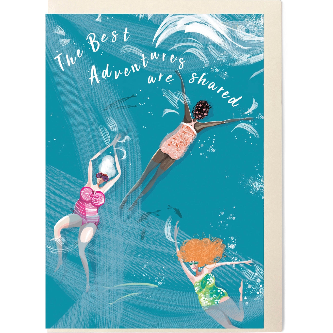 Eco-friendly hand-drawn wild swimming birthday card with pale sage envelope
