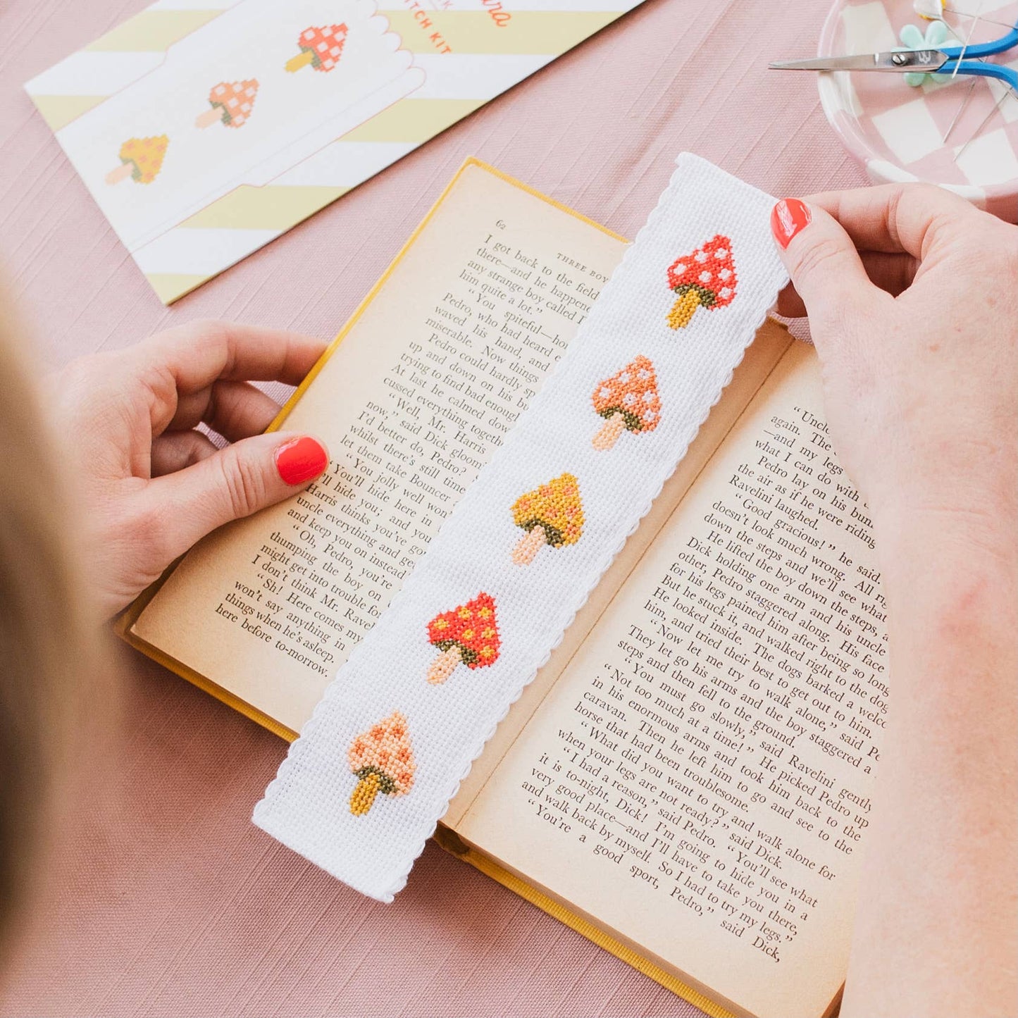 Toadstool cross stitch bookmark kit contents: Aida fabric, colourful embroidery threads