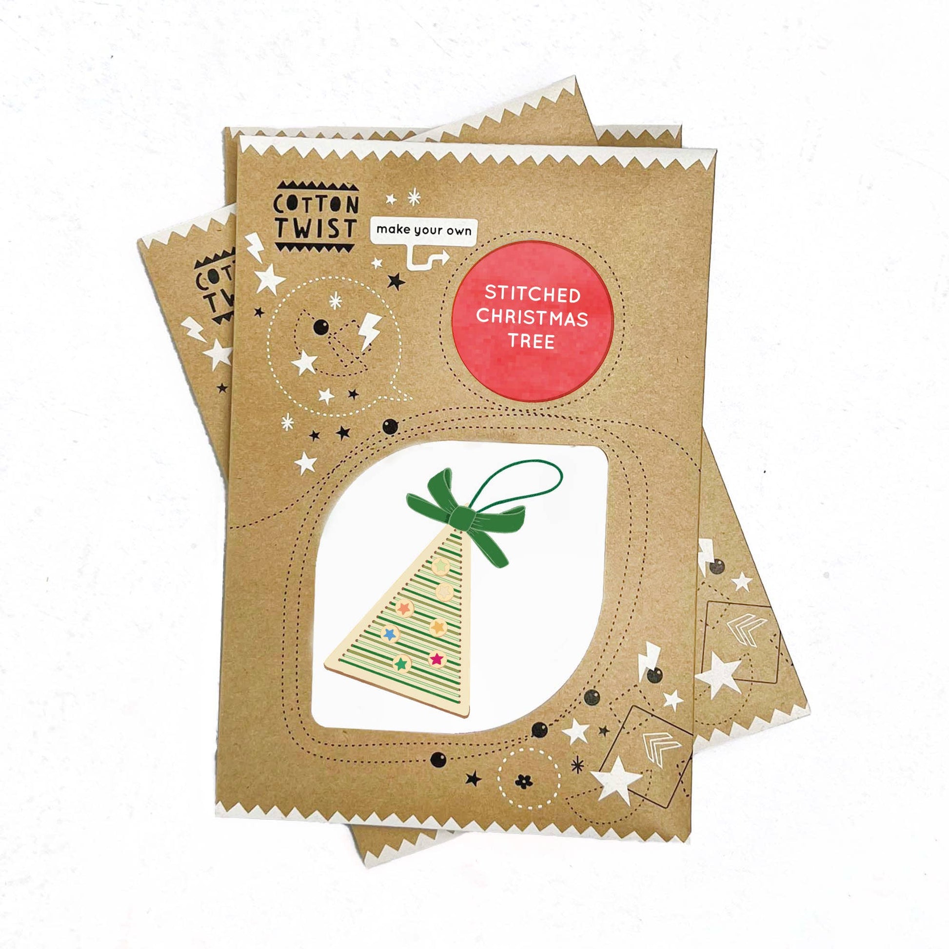 Cotton Twist stitched Christmas tree decoration kit with sustainably certified wooden tree base and cotton thread
