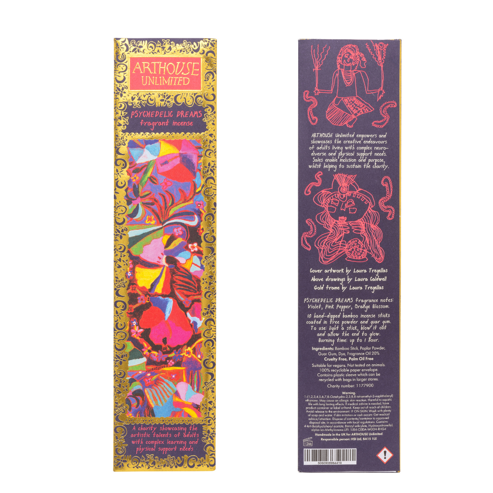 Psychadelic Dreams incense sticks featuring hand-dipped bamboo coated in tree powder, fragranced with violet, pink pepper, and orange blossom; artwork by Laura Tregellas.