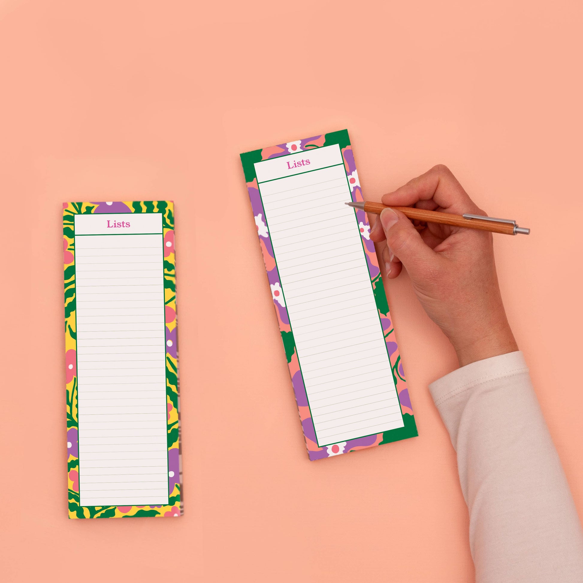 Studio Wald's lists pad has a healthy 60 pages giving plenty of note-taking space. The pad is produced here in Yorkshire using 100% recycled paper and hand glued. With a yellow border with pink and purple flowers