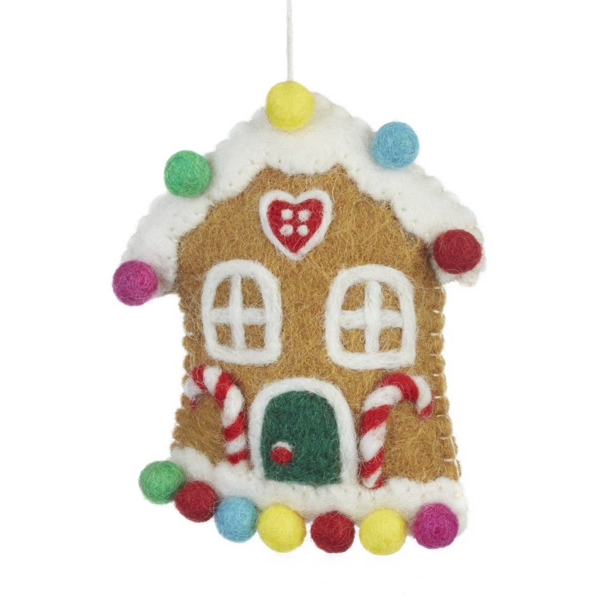 Handmade felt Sweetshop House Christmas hanging decoration by Felt So Good, made from wool, with hand rolled felt balls and stitched details, eco-friendly and biodegradable