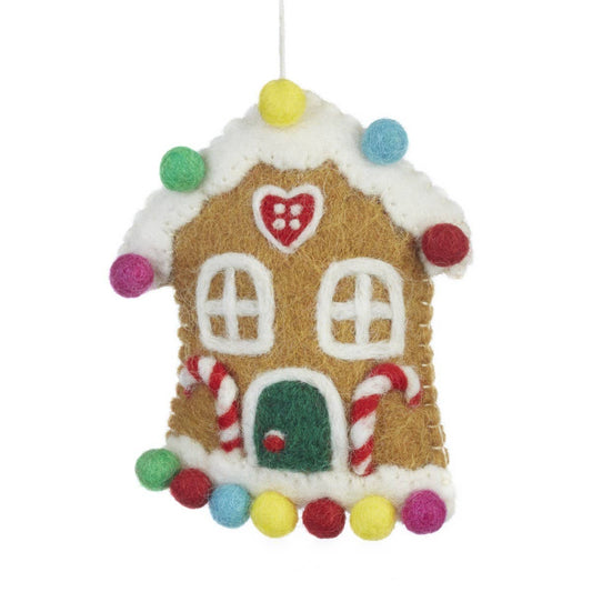 Handmade felt Sweetshop House Christmas hanging decoration by Felt So Good, made from wool, with hand rolled felt balls and stitched details, eco-friendly and biodegradable