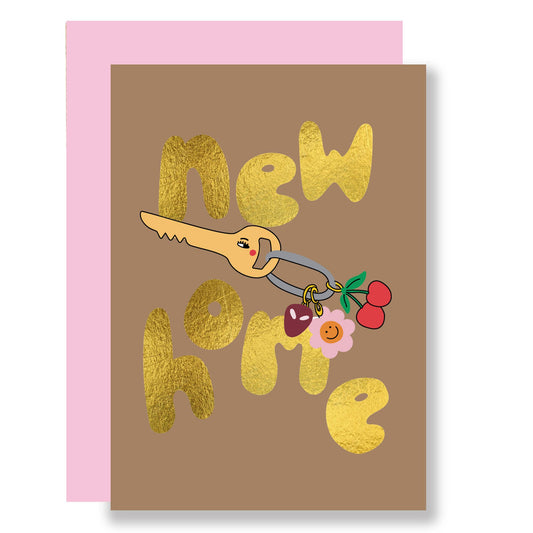Mini new home greeting card with keys illustration and gold foil details
