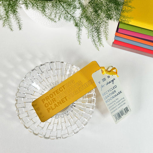 Yellow recycled leather bookmark with matching ribbon