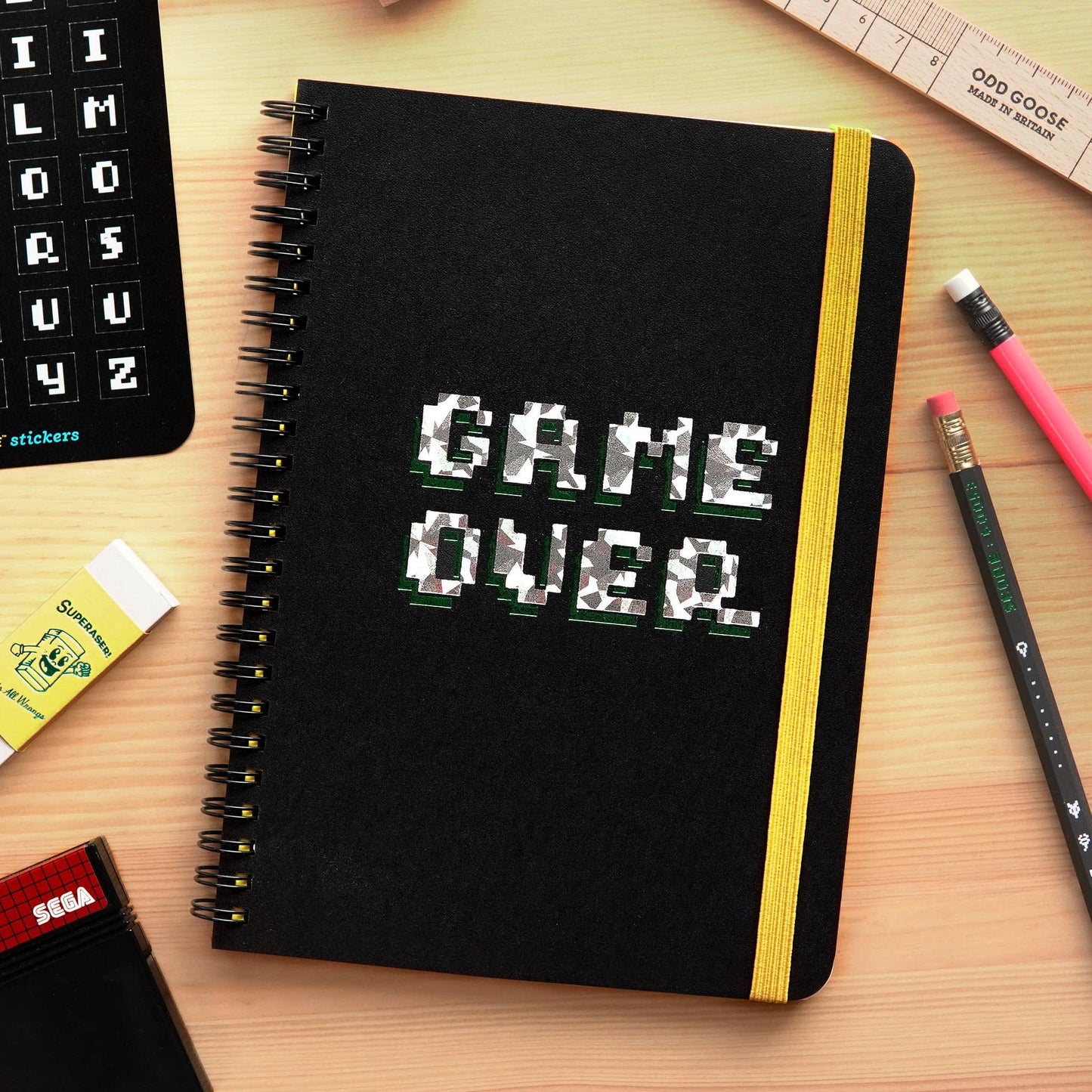 Handmade A5 gaming notebook with silver foil typography