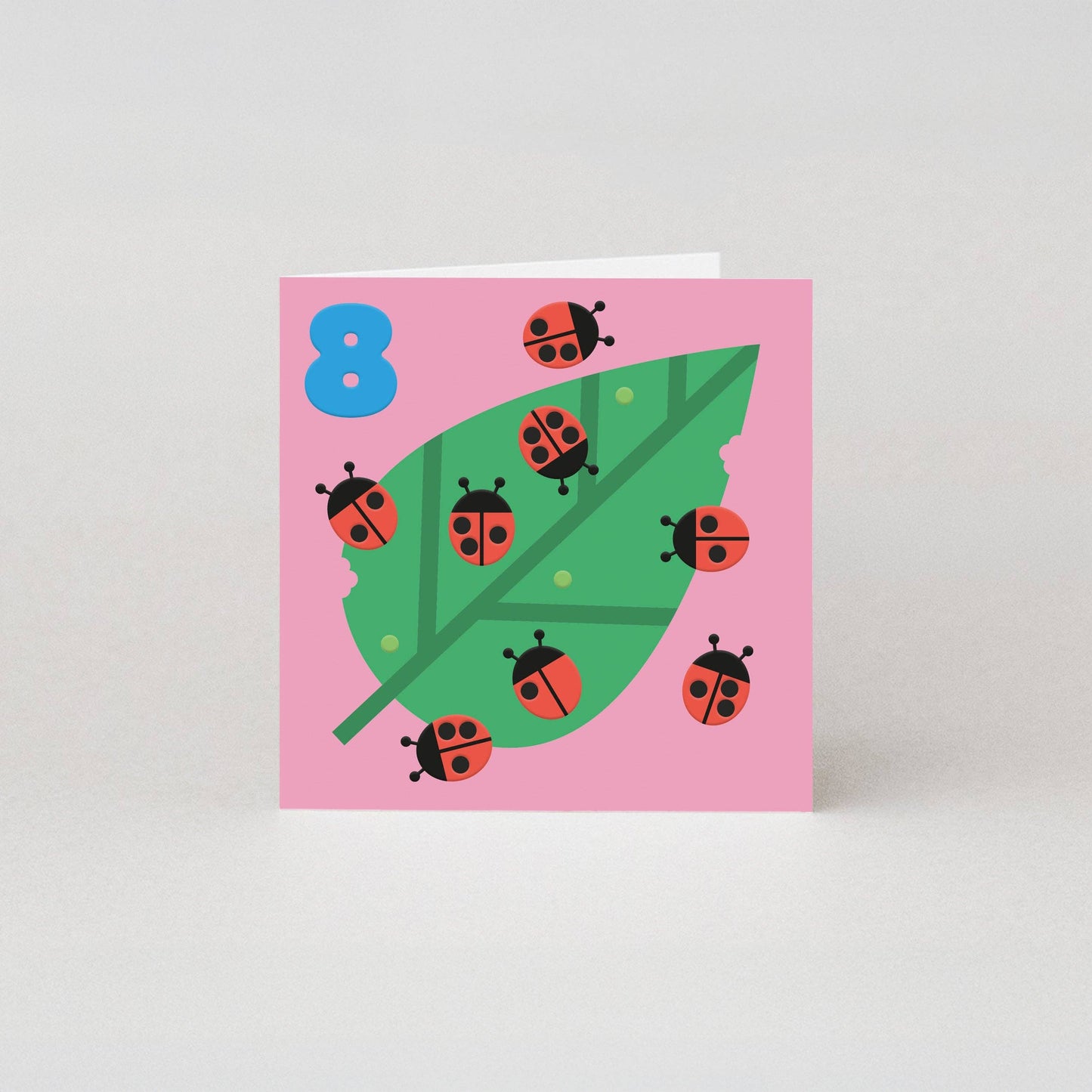 Studio Boketto 8th Birthday Card, embossed ladybirds on green leaf, bright blue number 8, 300gsm sustainably sourced paper, red envelope, UK made