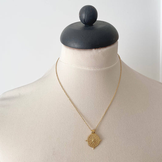 Little Nell Golden Coin Necklace, Model Wearing, Gold Plated Jewellery