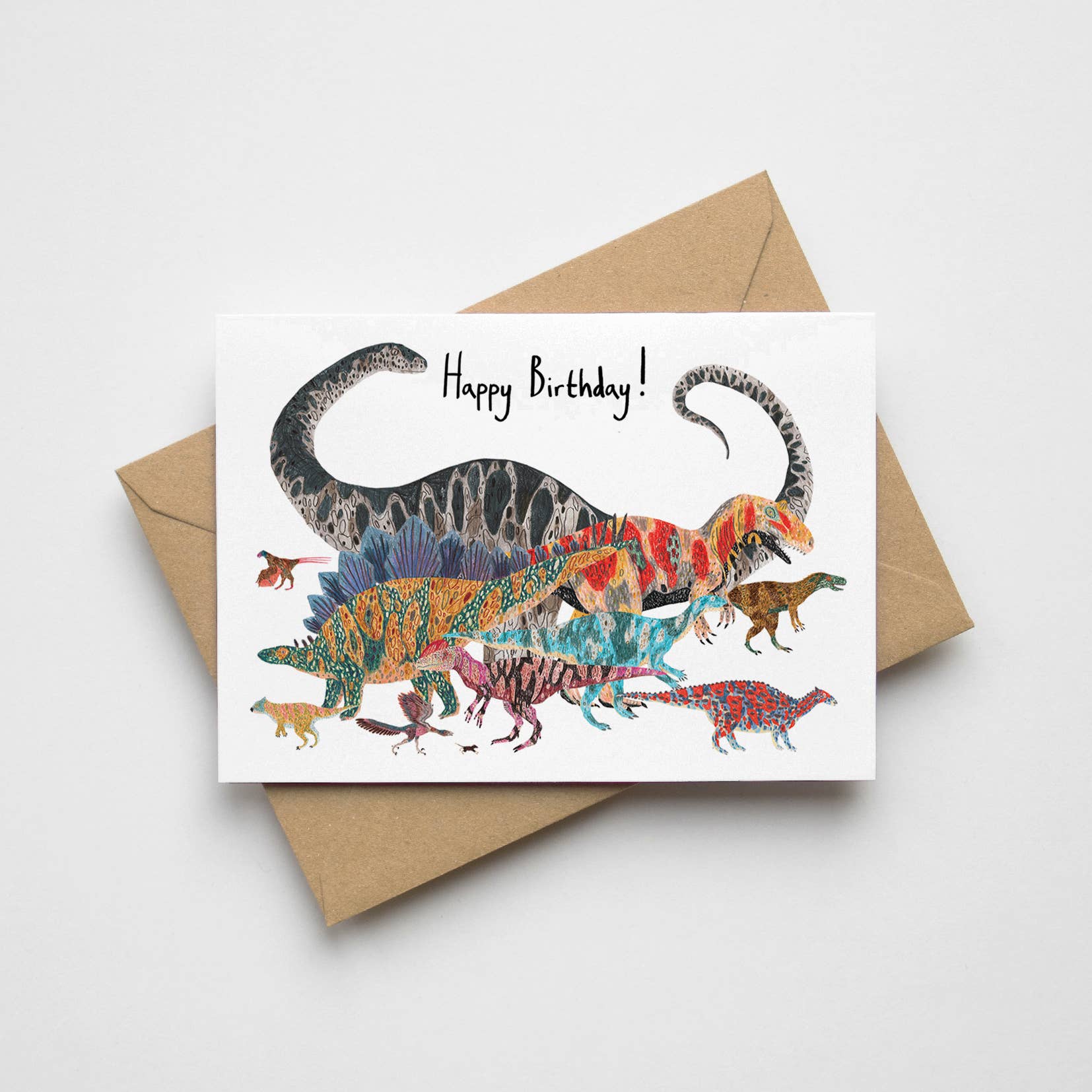Eco-friendly Jurassic dinosaur birthday card with a kraft envelope
