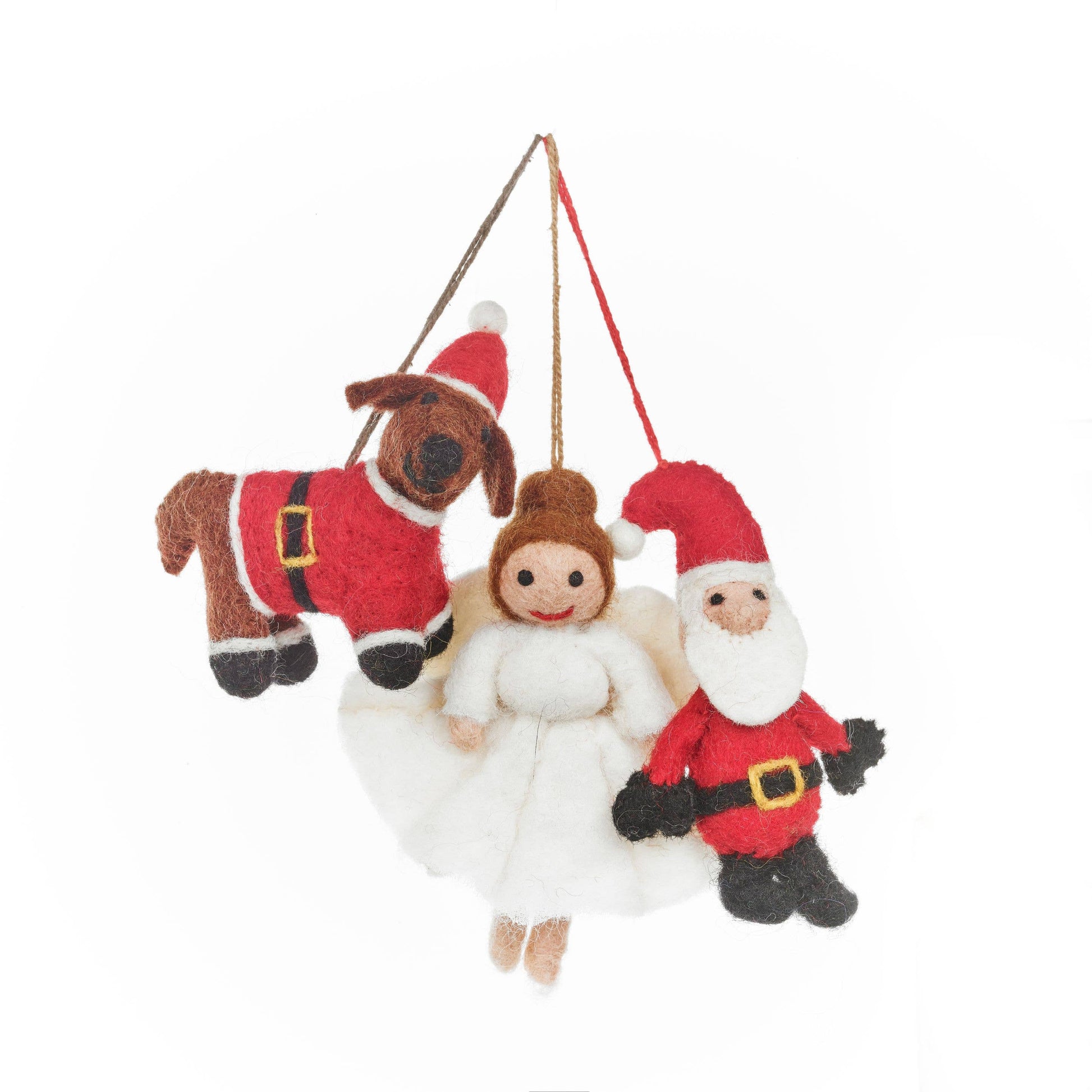 Handmade felt Christmas decoration set featuring mini Santa, Christmas angel, and festive dog, crafted from sustainable wool by Felt So Good.