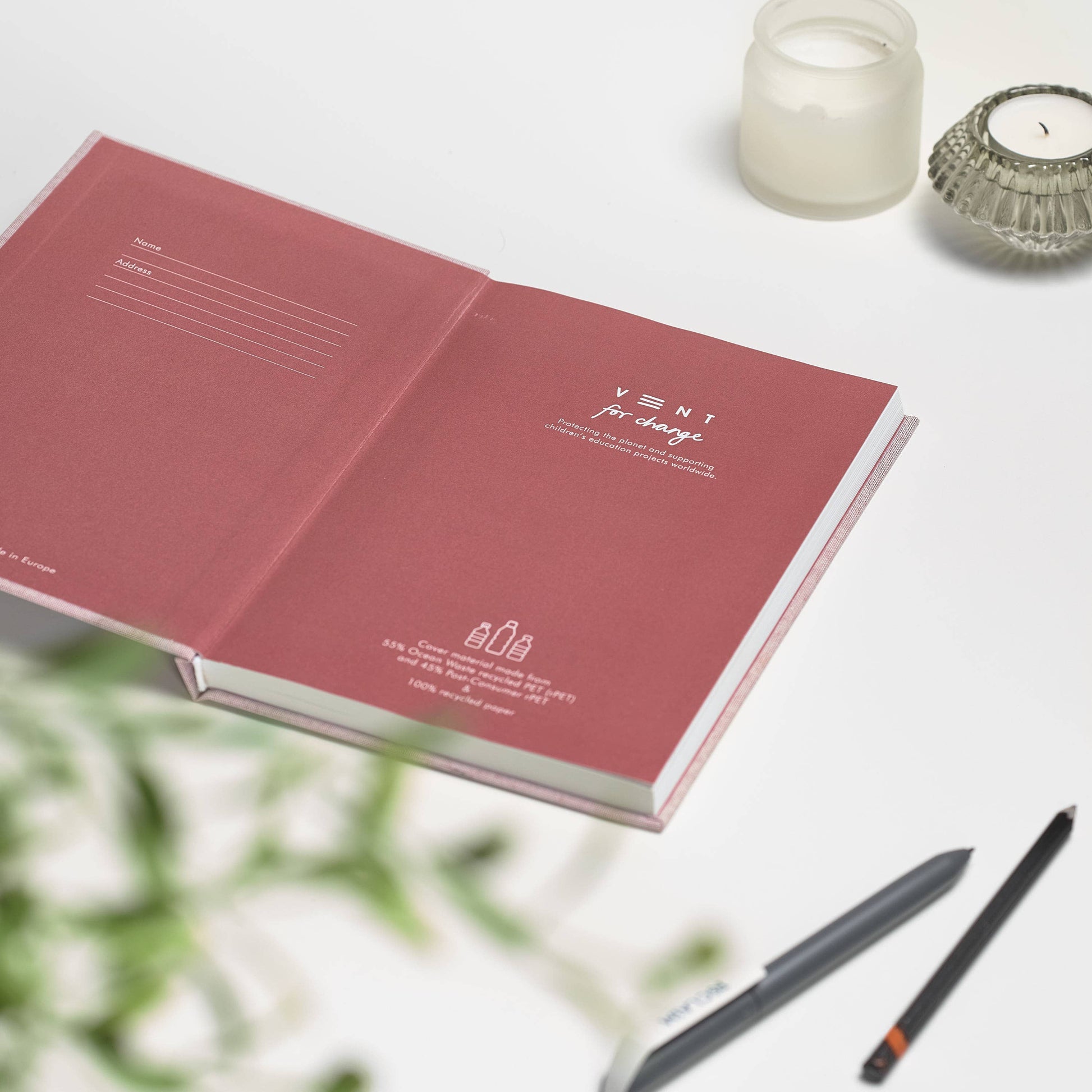 A5 lined Notebooks made from Recycled Ocean Plastic.

Hardback tactile fabric covers made using 55% recycled ocean waste plastic mixed with 45% post-consumer recycled plastics 100 Sheets (200 pages) of 100% recycled lined paper. Contrasting design to the back cover and inside covers.