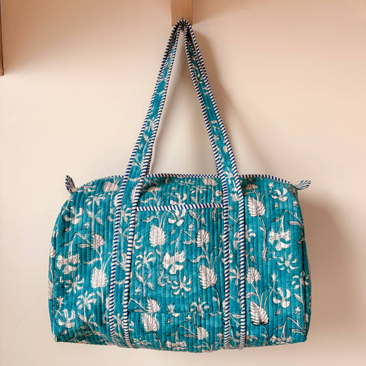 Handmade block printed quilted cotton duffle bag