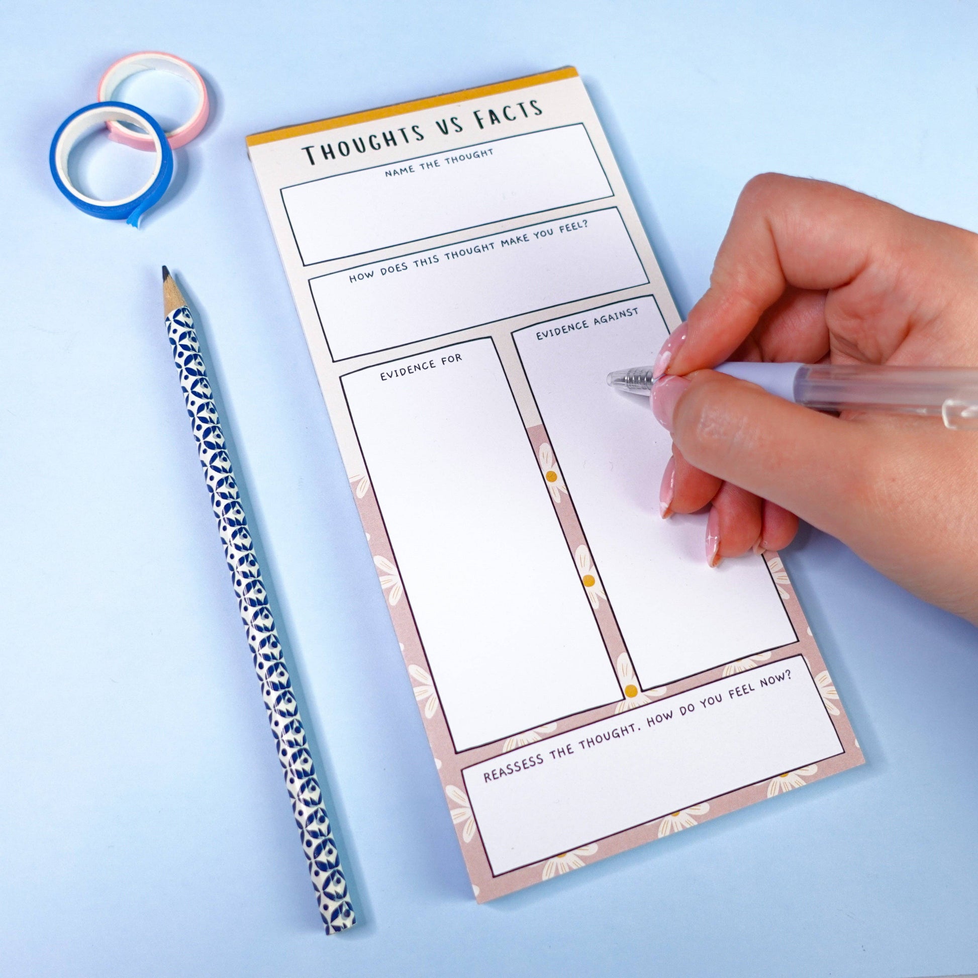 Challenge negative thoughts! Guided notepad with sections for thoughts & evidence. 50 sheets, DL size, smooth 120gsm paper. Mindful, uplifting stationery.