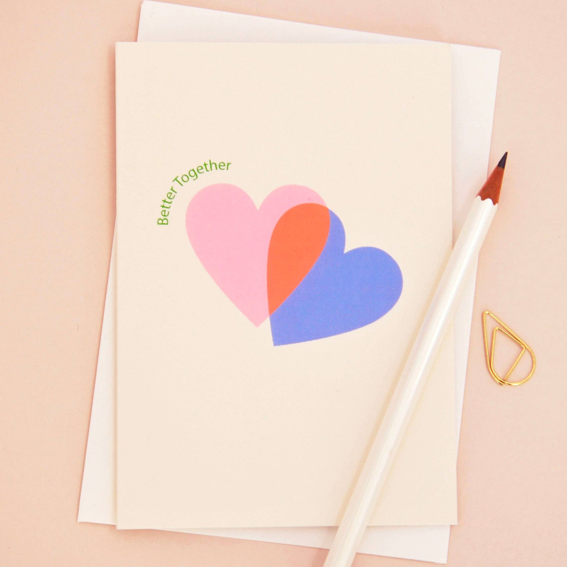 Better Together Valentine's Card featuring overlapping pink and blue hearts