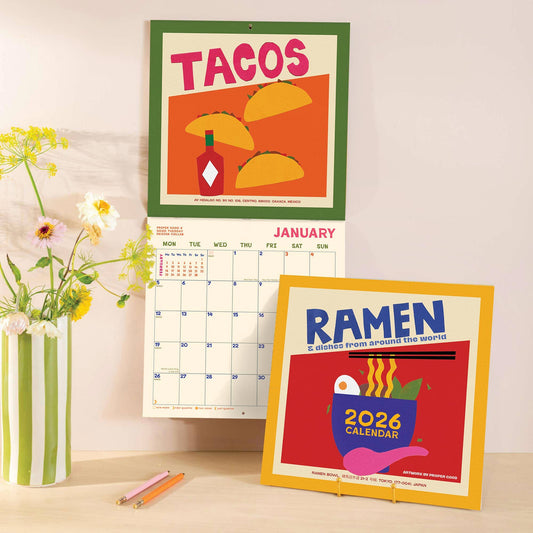 2026 Food Art Wall Calendar by Good Tuesday—bold monthly world cuisine illustrations by Abbie Franks, large format, recycled, designed and printed in the UK.