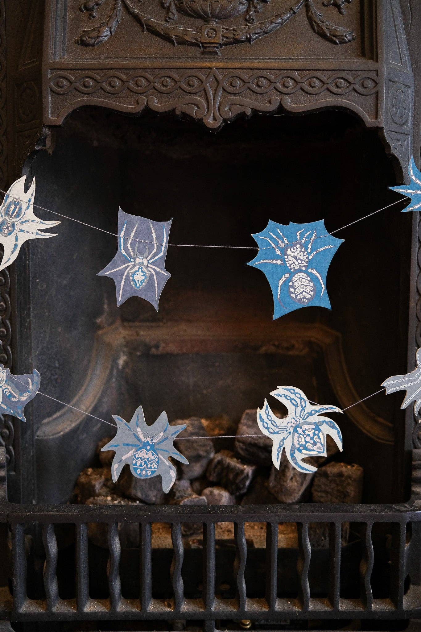 Hand-sewn recycled Halloween garland with 20 spooky screen-printed spiders