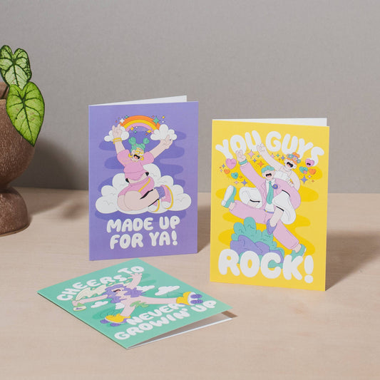 Close-up of 'Never Growin Up' birthday card showing textured finish and colourful skateboard design.