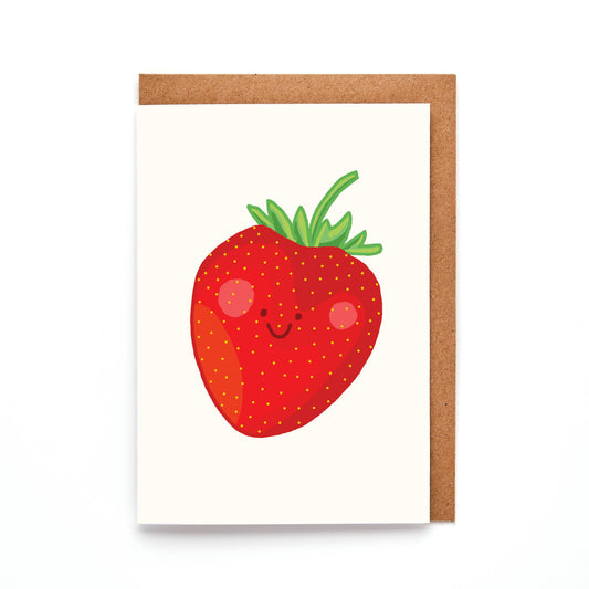 Hand-drawn mini strawberry greeting card—smiling fruit design, A7 size, sustainable UK card with Kraft envelope.