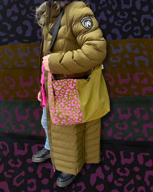 Yolla Studio Leopard Print Shopper Bag, main view, handprinted waterproof waxed polycotton.