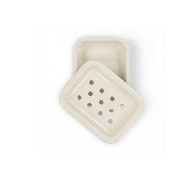 Two-piece Stone White enamel soap dish showing the draining top and drip base