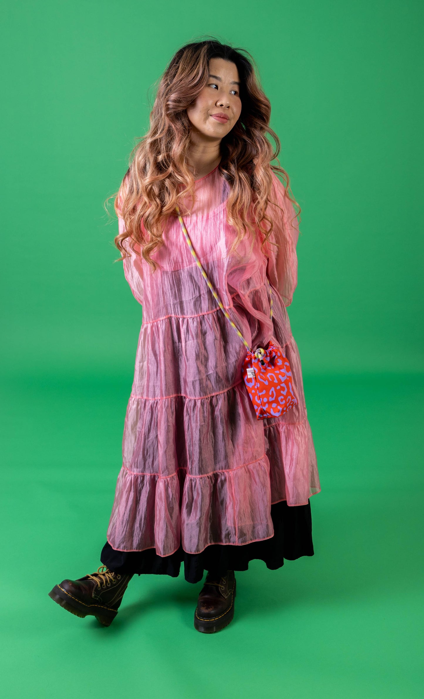 Handprinted purple and red leopard print mini drawstring crossbody bag