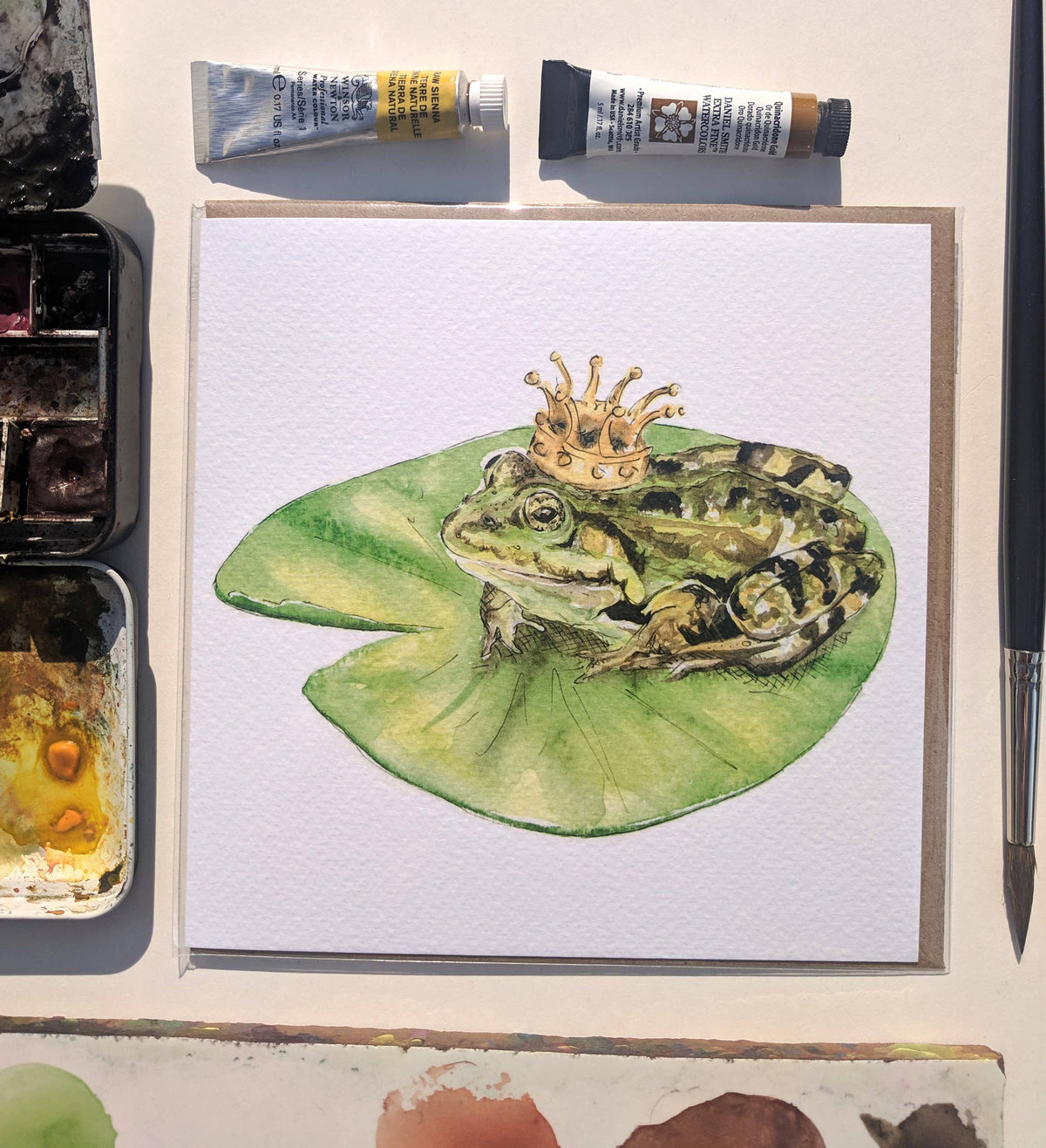 Frog Prince illustration on a textured blank greeting card