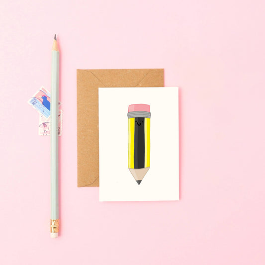 Cute hand-drawn pencil mini greeting card with a smiling face